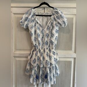 NIBI MTK Hamptons Elegant Blue Floral Dress with Puff Sleeves XS